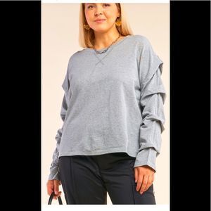 Plus Size Heather Grey Relaxed Fit Crew Neck Long Ruffled Gathered Sleeve